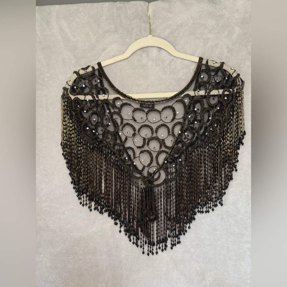 Vintage Black Beaded Fringe Capelet Overlay